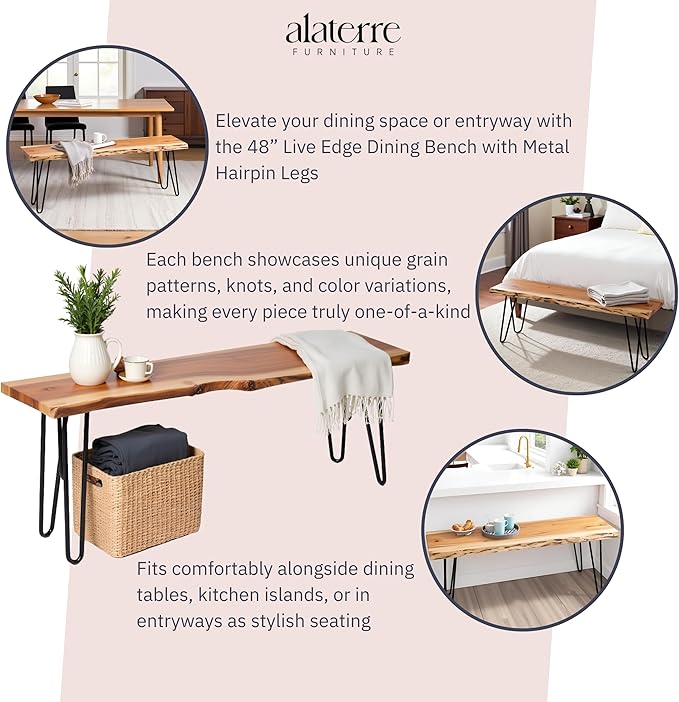 Alaterre Furniture 48” Live Edge Dining Bench – Rustic Industrial Farmhouse - Image 4