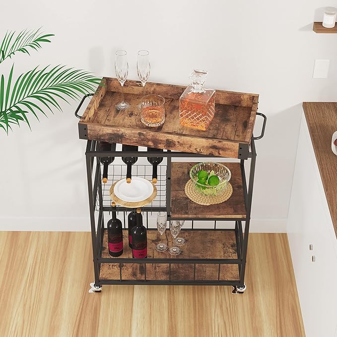 Bar Cart with Basket 3 Tiers Home Rolling Wine Rack with Wheels Mobile Kitchen - Image 4