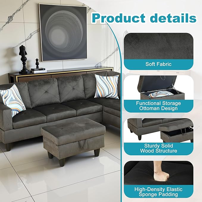 Couches for Living Room Modern L Shaped Couch Comfy Flannel Fabric 3 Pieces - Image 5