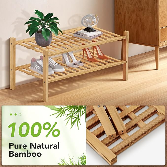 Haddockway 2 Tier Bamboo Shoe Rack Storage Organizer, Small Space 27"x11"x13" - Image 5
