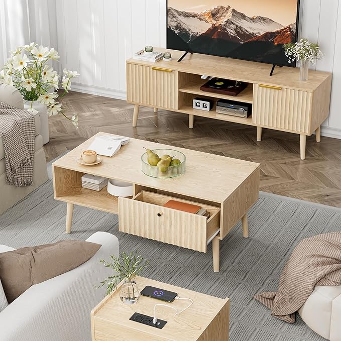 Coffee Table with Storage, Boho Dining Table with Fluted Drawer and Solid Wood - Image 4