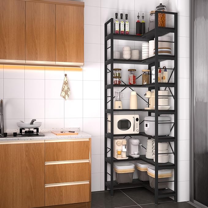 7-Tier Corner Bookshelf, Reversible Wooden Shelves, Industrial Bookcase - Image 7