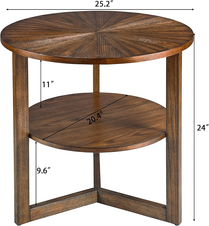 Large Round End Table with Storage Shelf, 25.2" Dia Rustic Beside Tables with - Image 2