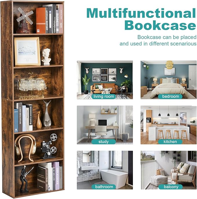 6-Tier Book Shelf, Floor Standing Open Bookcase, Wooden Display Storage Shelves - Image 7