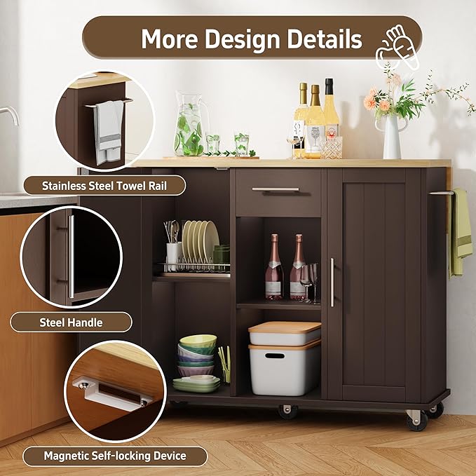 Shintenchi Kitchen Island with Storage, Bar Cart Cabinet Island Table on Wheels - Image 4