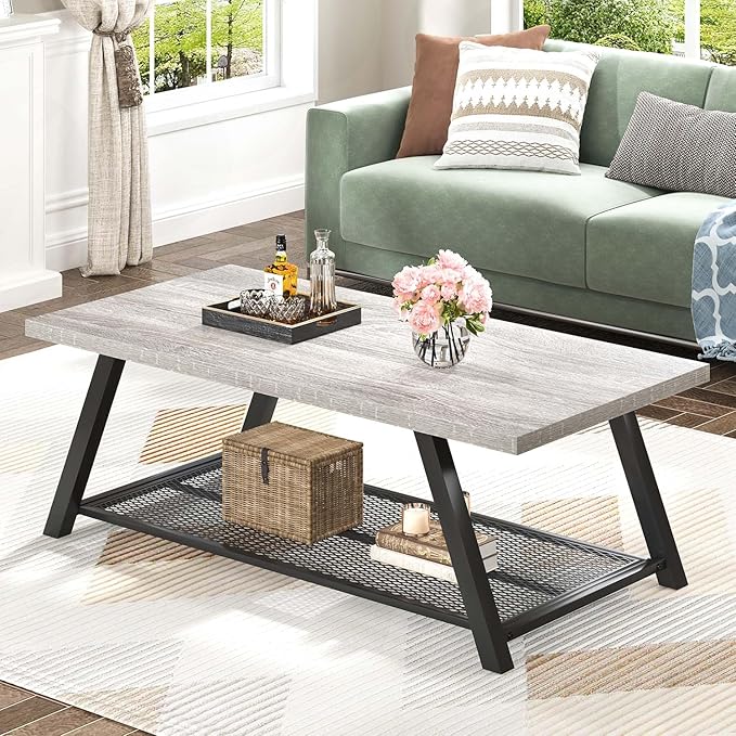 FOLUBAN Industrial Coffee Table, Rustic Wood and Metal Center Table - Image 3