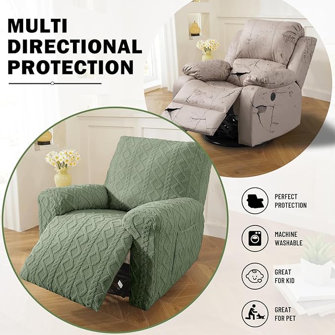 vctops Christmas Green 4 Pieces Geometric Jacquard Plush Recliner Slipcovers - Image 5