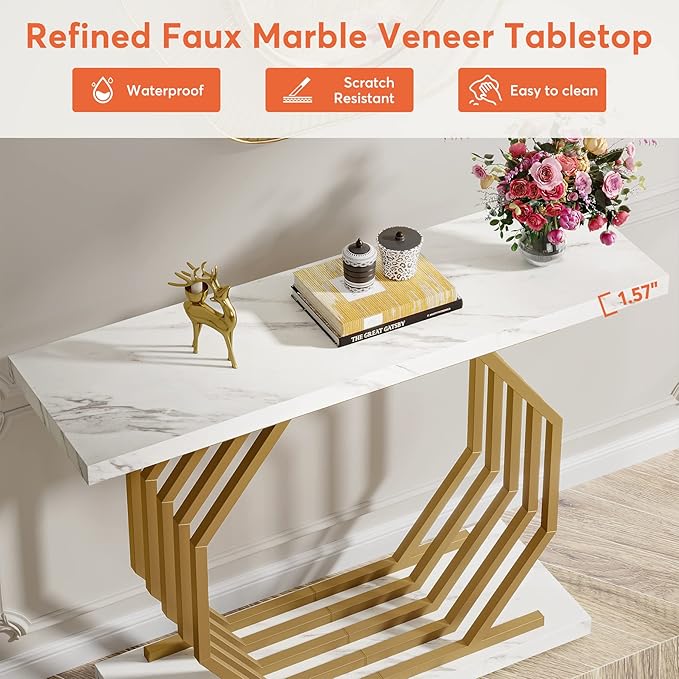 Tribesigns Gold Console Table, Faux Marble Entryway Table Narrow Sofa - Image 6