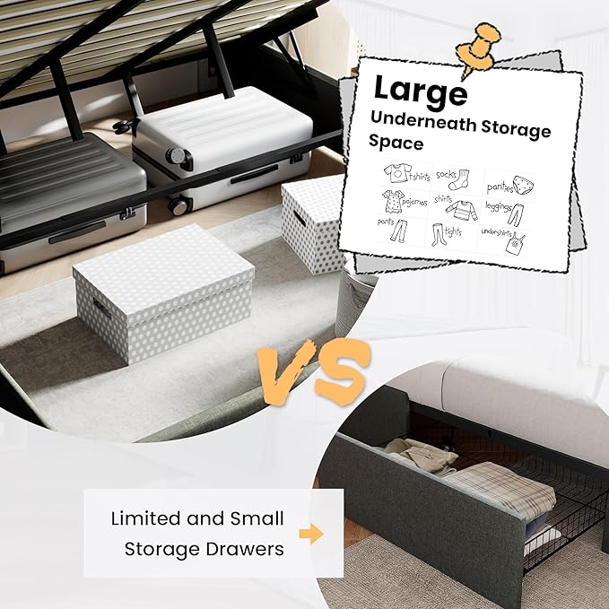SHA CERLIN Queen Size Lift Up Storage Bed/Modern Wingback Headboard/Upholstered - Image 3