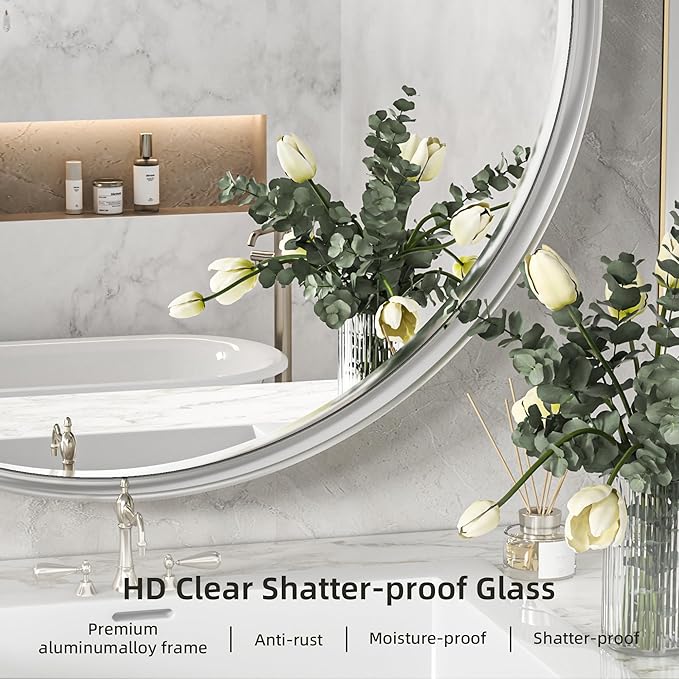 Hasipu Round Silver Mirror 38 Inch Large Round Bathroom Mirror Metal Frame - Image 4