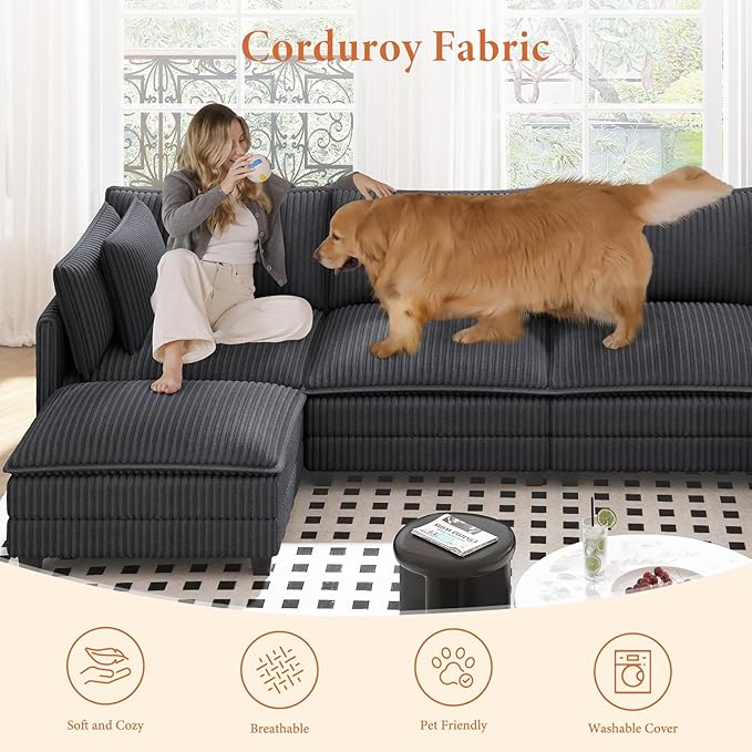 Vesgantti 109" U Shaped Cloud Sectional Sofa, Comfy Corduroy Upholstered - Image 6