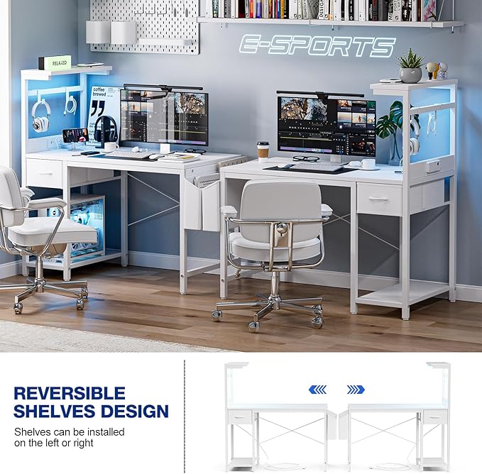 Gaming Desk 47 Inch with Power Outlet and LED Light, Computer Desk with - Image 5