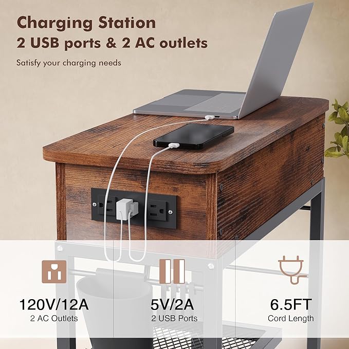 Colima Lift Top End Table with Charging Station and Wheels, Sofa Side Table - Image 5