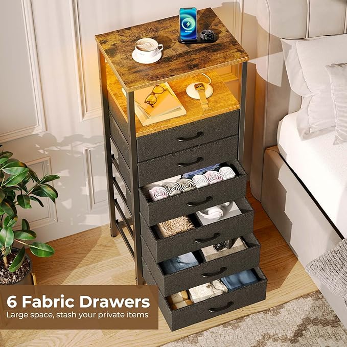 Seventable Night Stand with Charging Station, Tall Nightstand with 6 Fabric - Image 5