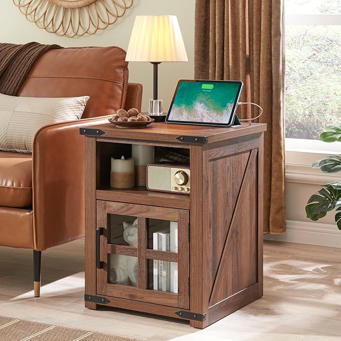 Farmhouse Nightstand with Charging Station, Rustic End Table with Tempered - Image 5