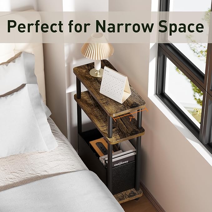 Narrow Side Table with Fabric Basket, 3 Tier Skinny End Table with Wood Legs - Image 7