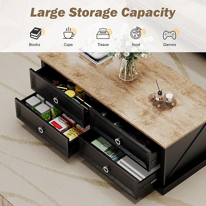 Rustic Coffee Table with Drawers 47 inch Living Room Tables with Storage - Image 3