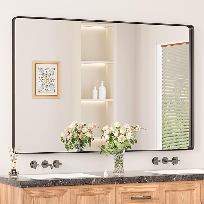 Keonjinn Black Mirror for Bathroom Sink 55 x 36 Inch Large Rounded Rectangle by Keonjinn