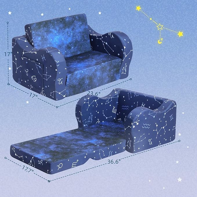 Constellation Kids Sofa, 2-in-1 Kids Couch Fold Out, Convertible Sofa to Bed - Image 3