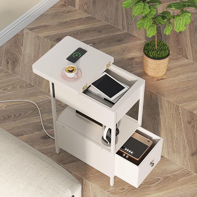 SOOWERY End Table with Charging Station, Narrow Side Table with Flip Top - Image 4