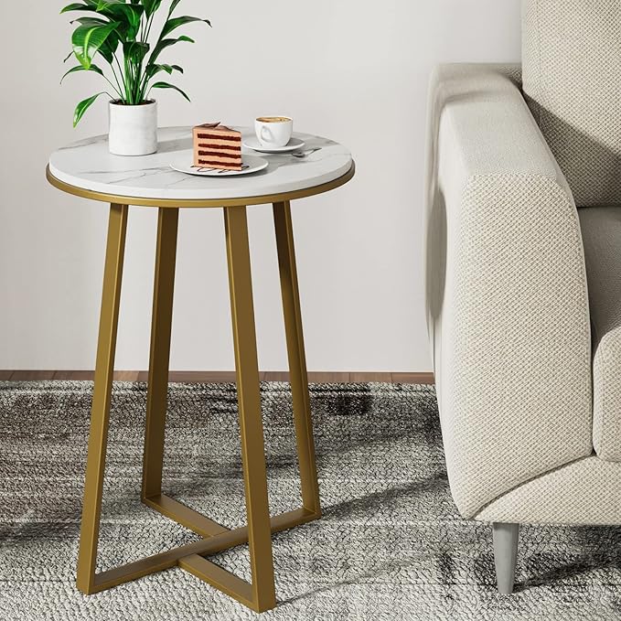 Round End Tables, Small Side Table White Marble Texture MDF Top, Metal Frame by DorrissJewelry