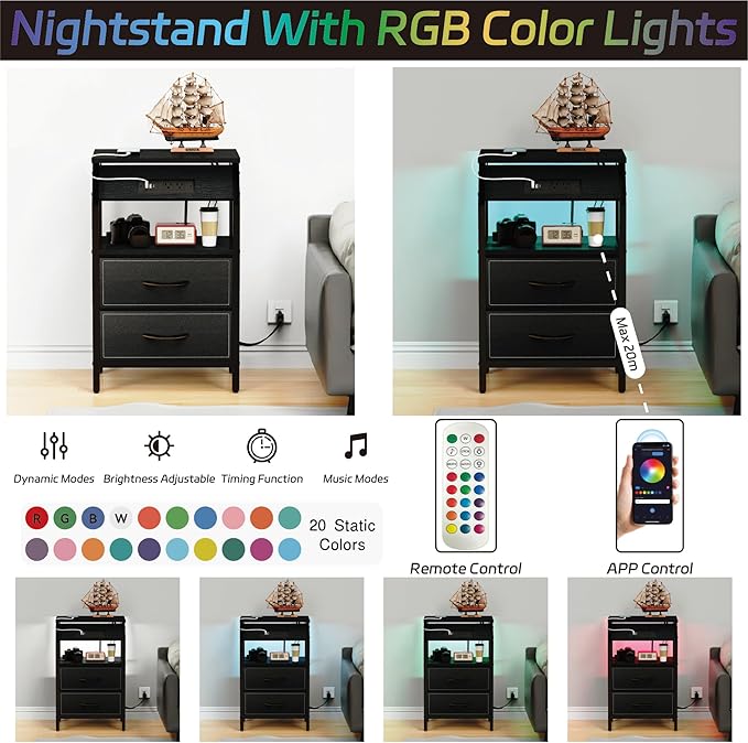 End Table with Light, LED Nightstand with 2 Drawers and Type C Charging Station - Image 5