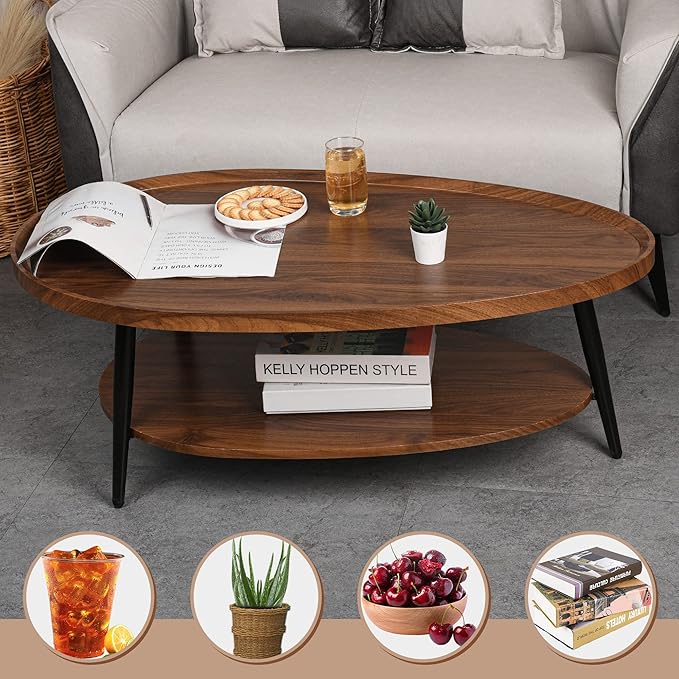2-Tier Water-Shaped Wood Center Table Mid Century Oval Coffee Table Rustic - Image 3