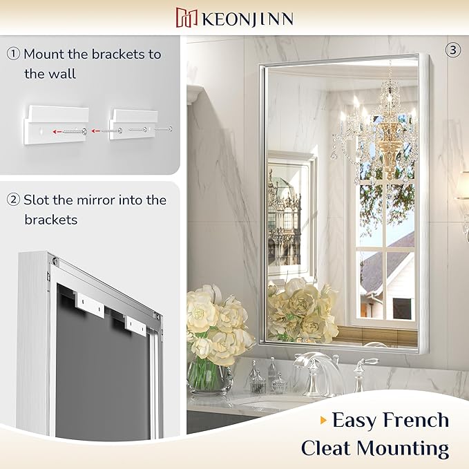 Keonjinn 55 x 30 in Brushed Silver Bathroom Vanity Mirror, Large Silver Framed - Image 4