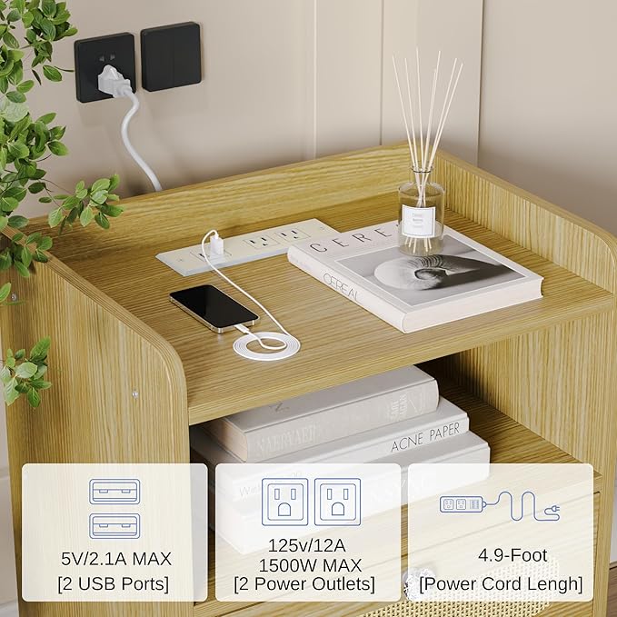 End Table Set of 2 with Charging Station, Diamond Décor Nightstands Set of 2 - Image 4