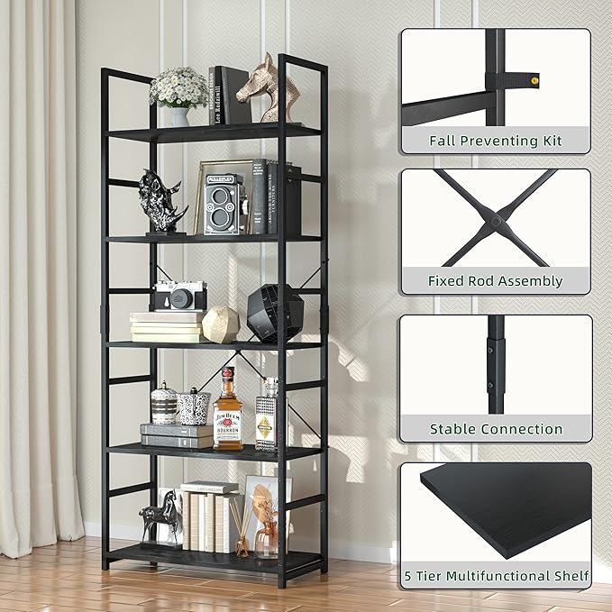 OTK 5 Tier Bookshelf, Tall Bookcase, Office Shelf Storage Organizer, Modern - Image 4