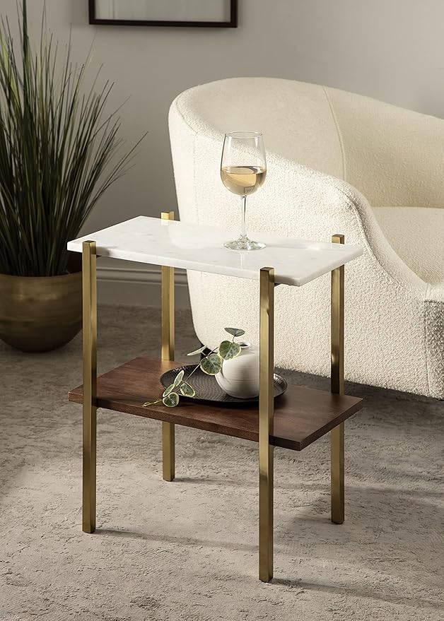 Kate and Laurel Abcott Midcentury Side Table, Walnut Brown and Gold, Decorative - Image 2