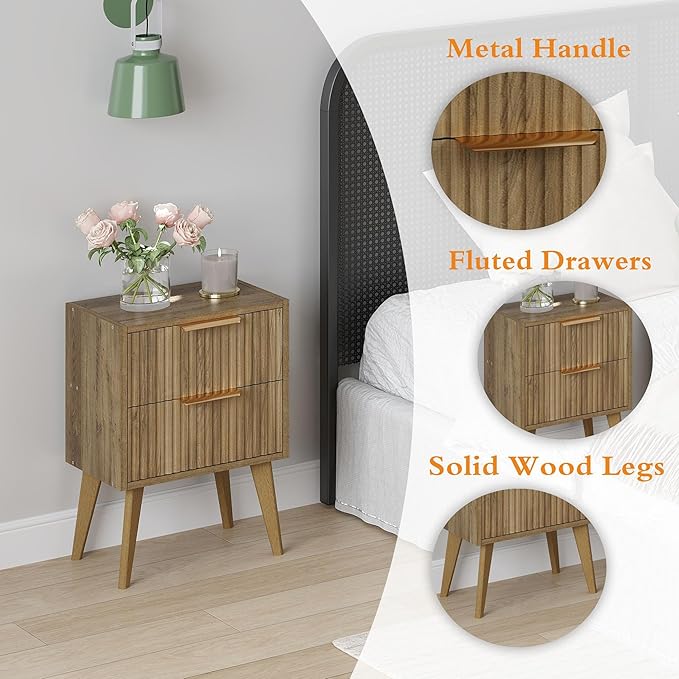 Fluted Nightstand with 2 Drawers, Modern Bedside Table with Metal Handles - Image 6