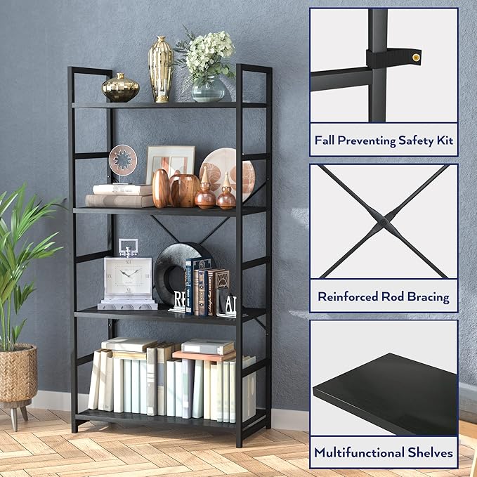 NUMENN 4 Tier Bookshelf, Tall Bookcase Shelf Storage Organizer, Modern Book - Image 5