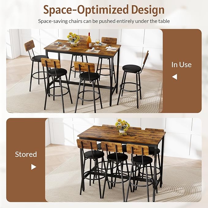 Rovibek Dining Table Set for 6, Bar Table and Chairs Set, Modern 6 Piece High - Image 6