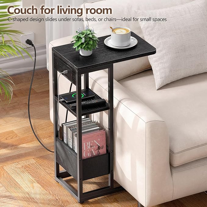 C Shaped End Table with Charging Station, Small Side Table - Image 4