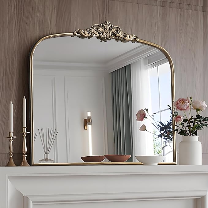 Vintage Gold Ornate Baroque Mirror, 30” x 36” Arched Antique Brass Mirrors by Brauthon