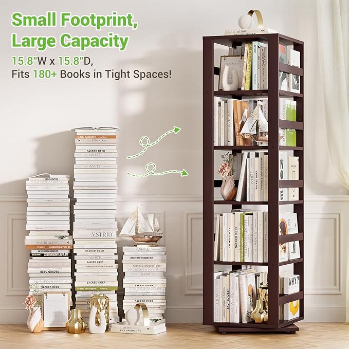 Homykic Rotating Bookshelf, Bamboo 360 Display Spinning Bookshelf Tower - Image 6