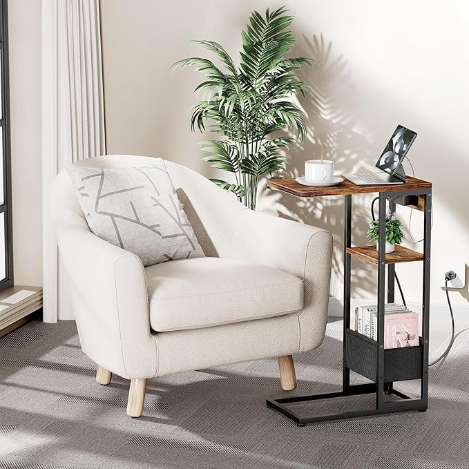 C Shaped End Table with Charging Station, Small Side Table - Image 2