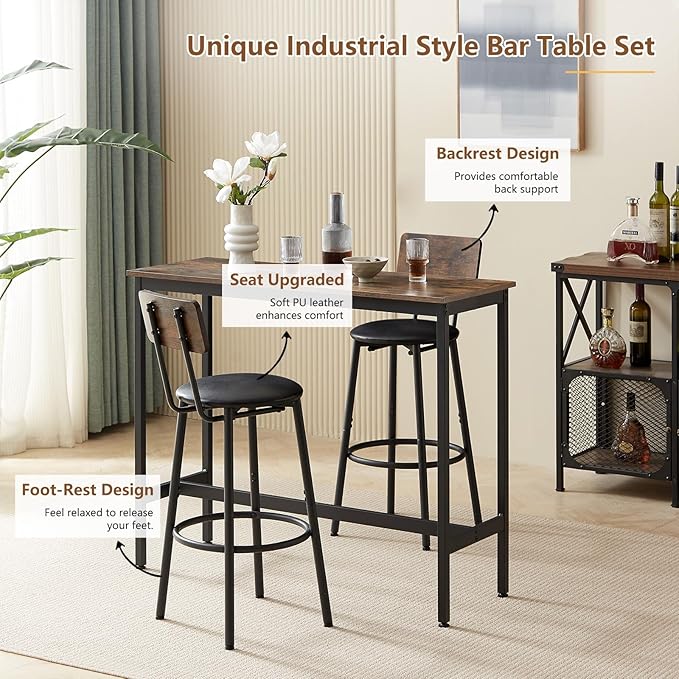 Tatub Bar Table with Stools Set of 2, Industrial 3 Piece Counter Height Small - Image 3