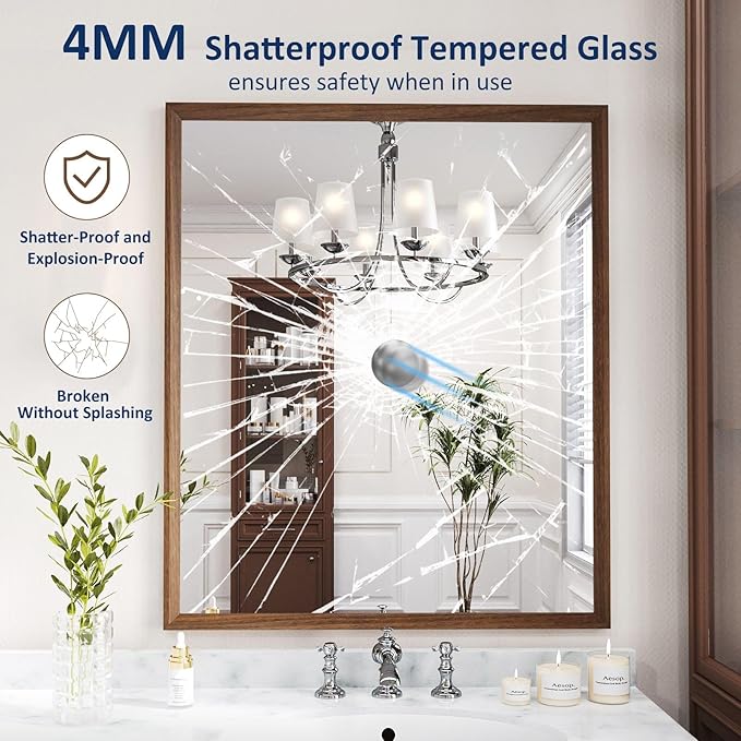 WEER Walnut Framed Mirror for Bathroom, 36x30 Inch Wall Mounted Mirror - Image 2
