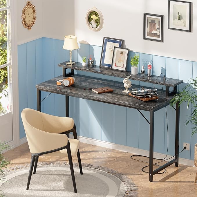 47 inch Computer Desk with Power Outlets, Gaming Desk with LED Lights, Home - Image 2