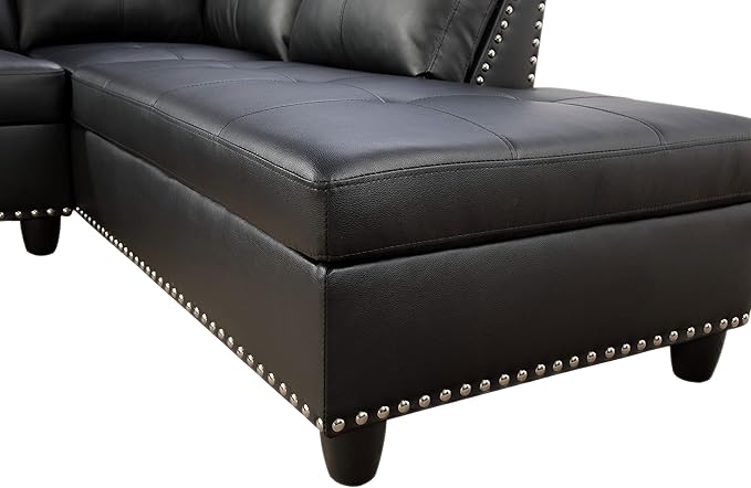 L Shaped Sectional Sofa with Ottoman, Nail-Head Design Leather Right Facing - Image 5