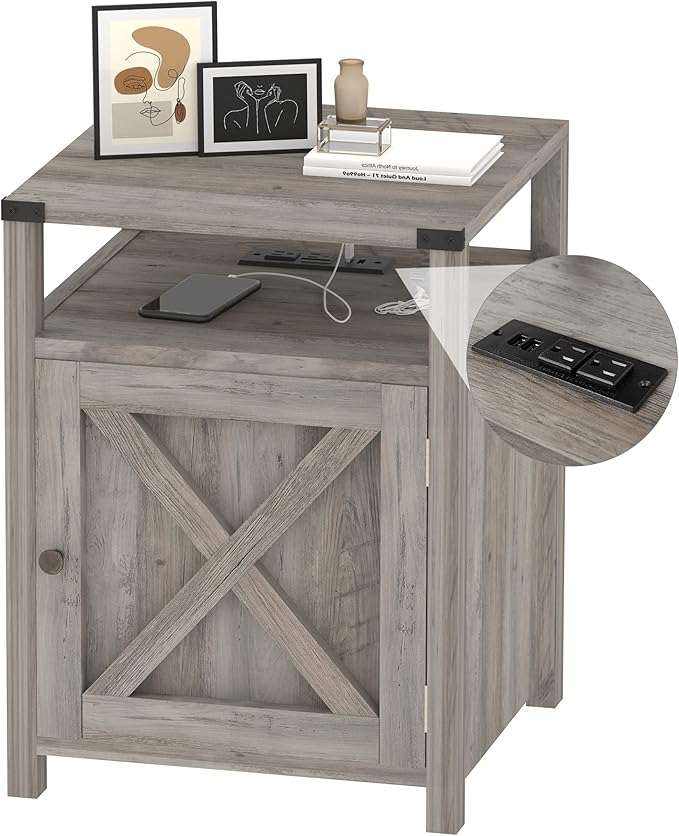 Farmhouse Nightstand with Charging Station, Rustic End Table Bedroom with by HOME