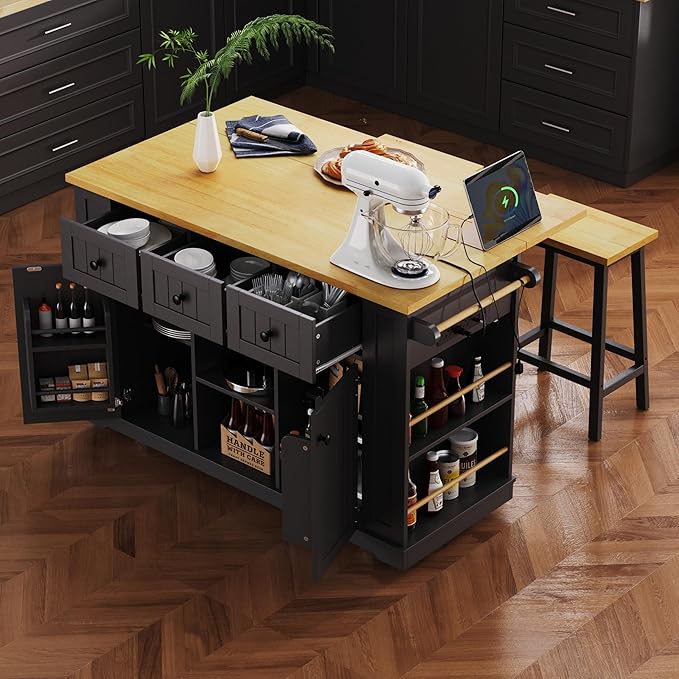 53" Large Kitchen Island with Drop Leaf, Power Outlet & Door Internal Storage - Image 7