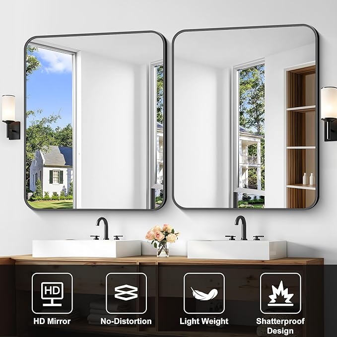 Bathroom Mirror, 36 x 30 inch Metal Framed Black Rectangle Mirror, Rounded - Image 4