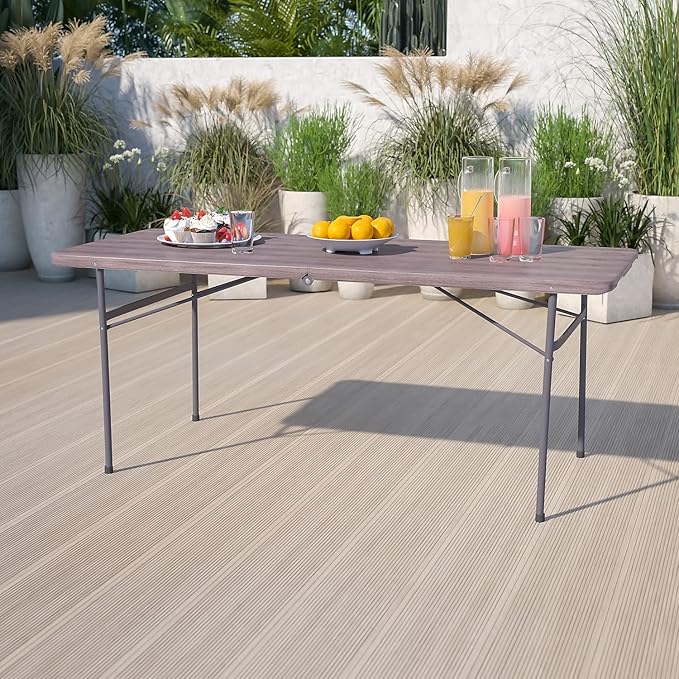 Flash Furniture Elijah 6-Foot Bi-Fold Brown Wood Grain Plastic Folding Table - Image 2