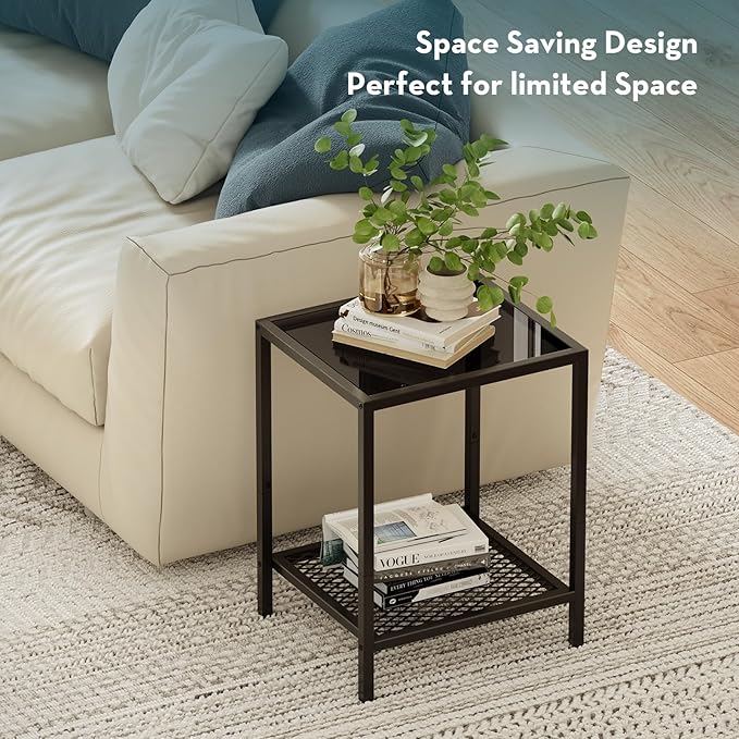 SAYGOER Black Side Table Small Glass End Table 2-Tier Narrow Square Bed Side - Image 5