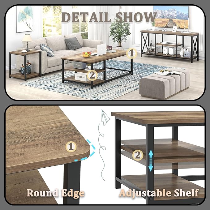 EXCEFUR Coffee Table with Storage Shelf, Modern Wood and Metal Center Table - Image 4