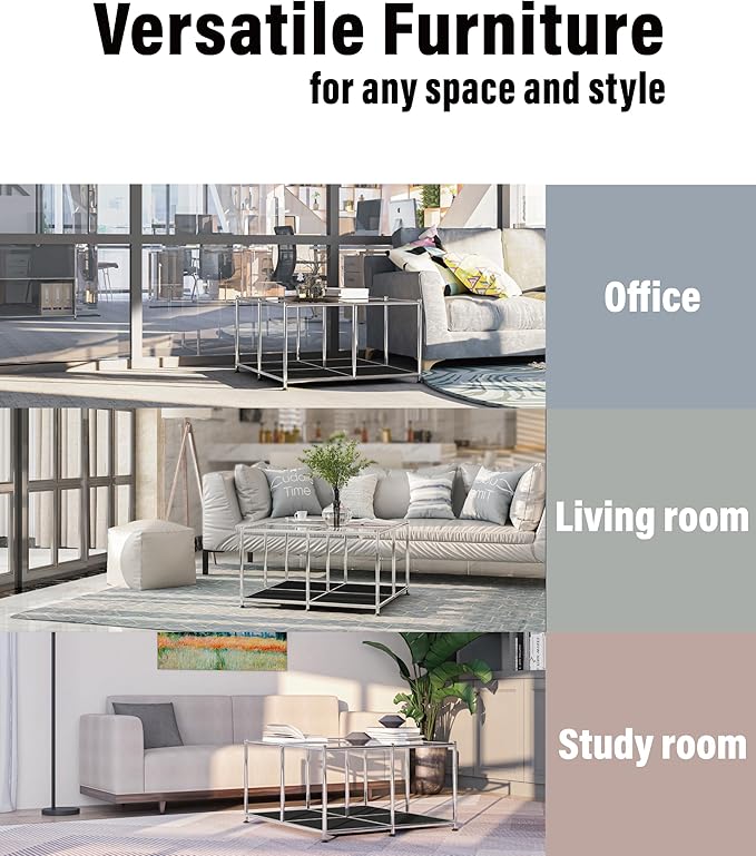Matte Coffee Table with Open Storage, Square Tempered Glass Storage Rolling - Image 6