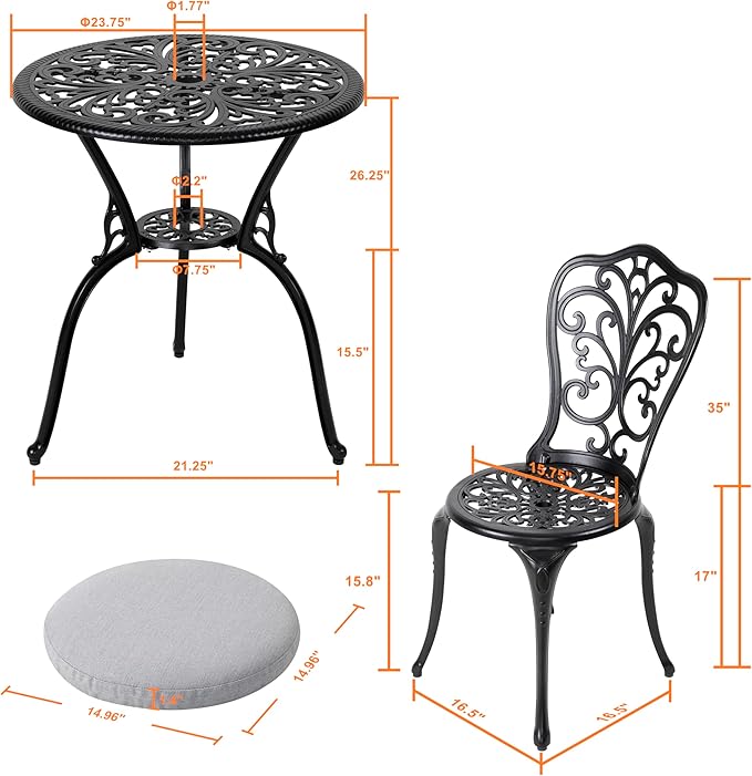NUU GARDEN Bistro Set 3 Piece Outdoor All Weather Cast Aluminum Patio Bistro - Image 3
